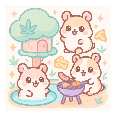 Discord server icon, square format, summer pool cookout scene with up to 3 hamsters, weed leaves, cheese, and THC theme, near a treehouse, possibly in space, kawaii style, soft but colorful, nostalgic, fun, inviting, summer party vibe, clear composition, less vibrant colors sticker