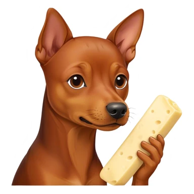 A German pinscher eating a pièce of string cheese sticker