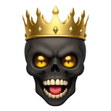 Demonic 3D skull holding its head in shock, mouth open, wearing a golden crown, dark horror vibe sticker