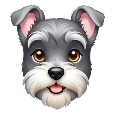 Cinematic Cute Miniature Schnauzer Portrait Emoji, Head cheerfully cocked with expressive, twinkling eyes and a neatly trimmed, adorable salt-and-pepper fur, simplified yet endearingly detailed, glowing with a bright, friendly radiance, high shine, exuding smart and spunky charm, styled with a delicate, whimsical outline, capturing the essence of a cute Miniature Schnauzer that appears ready to scamper off the screen with delightful energy! sticker