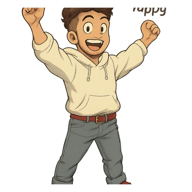 1 male, mid fade haircut dark chestnut brown curly hair, toasted lightskin, white hoodie sleeves up, gray fashion jeans, red fashion-sneakers shoes, red belt, short trimmed beard and goatee,  style of deku from "my hero academia",  "happy!" pose sticker