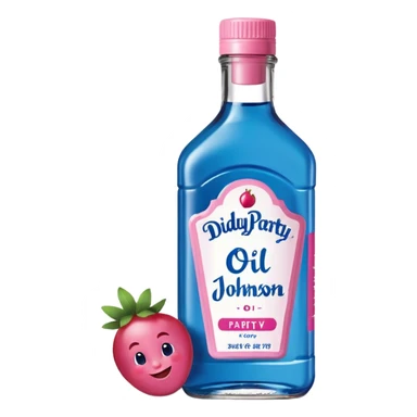 bottle of oil blue top pink outside with logo that says Diddy Party oil Johnson and Johnson  brand with a smiling berry on top sticker