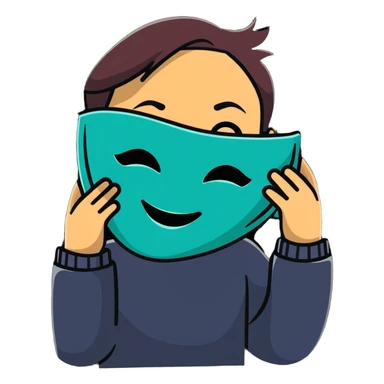 person holding a happy mask in front of their face, sad behind it sticker