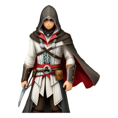 icon featuring Assasin's Creed in an iconic assassin's hood, standing tall against the backdrop of Florence. The design captures the essence of adventure, with intricate details of historical architecture and a sense of mystery. The character is poised, ready for action. transparent background. sticker