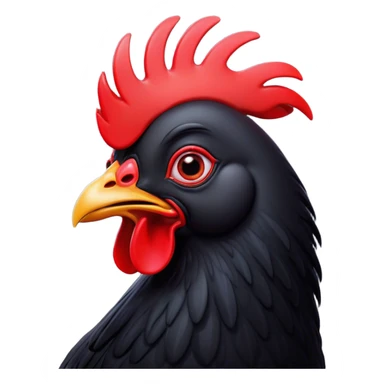 Cinematic Comical Black Chicken Portrait Emoji, Head tilted dramatically with an exaggeratedly amused expression, featuring a sleek, glossy black plumage with a bold red comb, wide, expressive beady eyes filled with playful disbelief, Simplified yet hilariously expressive features, highly detailed, glowing with a slightly sassy glow, high shine, dramatic yet playful, stylized with an air of cheeky mischief, bright and endearing, soft glowing outline, capturing the essence of a spirited and over-the-top chicken, so meme-worthy it feels like it could cluck its way into internet fame instantly! sticker
