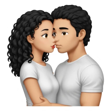 a strong man with short straight black hair kissing a shorter girl with long black curly hair sticker
