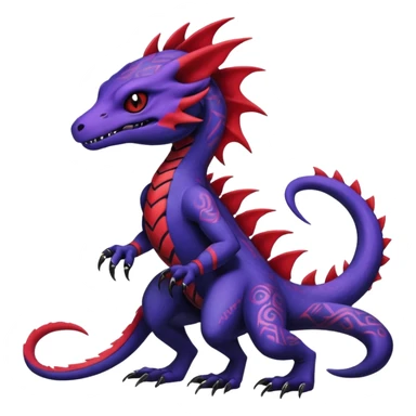 Rare warm-colored exotic gloomy tropical edgy cute epic aesthetic spooky indigo purple white black red gothic colorful Salandit-charmeleon-sergal-species-Fakemon-hybrid-creature, with tribal tattoo markings, full body sticker