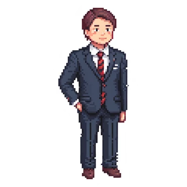 man wearing a dark blue-gray business suit with black horizontal stripes on the arms and legs, white shirt and red tie sticker