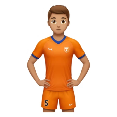 Apple iOS style 22 year old soccer player standing hands on waist, orange jersey #5, stadium lighting sticker