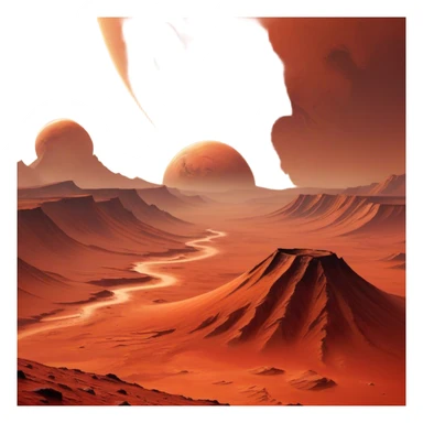 🔥 Cinematic Realistic Mars – A striking, high-resolution image of the Red Planet, featuring its iconic rust-colored terrain, deep canyons, and towering volcanoes. Swirling dust storms can be seen in the thin Martian atmosphere, with sunlight casting long shadows over its desolate, rocky landscape. sticker