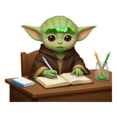 Baby Yoda con su tunica chocolate escribiendo en un cuaderno sobre un escritorio en un aula de clases sticker