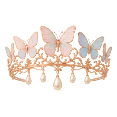 butterfly crown in rose gold with pastel butterflies and pearl drops, soft and romantic sticker
