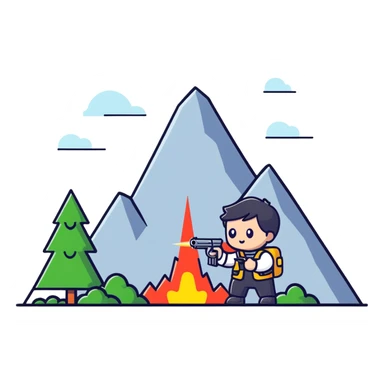 Cute tiny character with a toy gun shooting at a mountain with little figures sticker