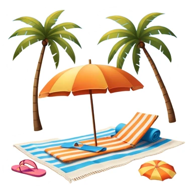 Icon for Beach Tourism: with the blue ocean, orange sunset sun and palm trees in the background, a sun umbrella, flip-flops, and a beach towel on the sand. The icon should represent relaxation and fun at the beach. Transparent background. sticker