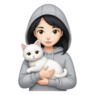 black hair girl wear hoodie with white cat sticker