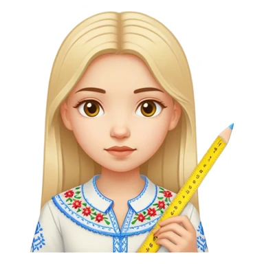 A Ukrainian girl in an embroidered shirt holds a ruler and the number “7” sticker