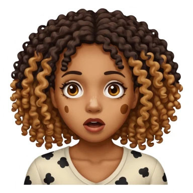 Emoji of a very shocked black female with vitiligo (alot of vitiligo patches) give her more curly hair sticker