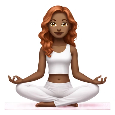 Girl with pale skin, dark brown eyes, medium length wavy copper hair wearing white shirt and light pink pants doing yoga on white yoga mat sticker
