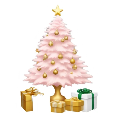 light pink christmas tree with white pot and presents underneath and star and white and gold ornaments sticker
