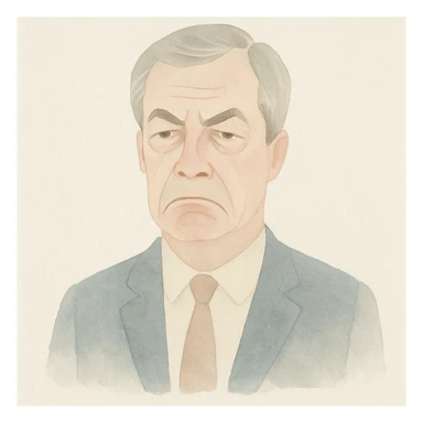 Nigel Farage looking grumpy, watercolor illustration style sticker