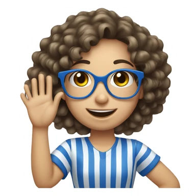 caucasian, curly brunette girl, eyes olive in blue and white striped shirt and blue glasses, waving and smiling sticker