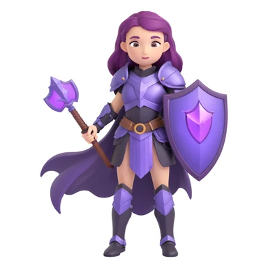 mysterious warrior girl with flowing purple hair, dressed in black armor, with a magical shield, emoji style sticker