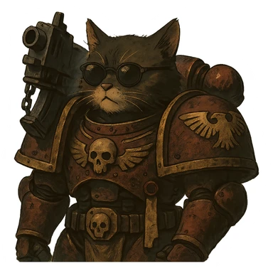 cat in sunglasses, Warhammer 40,000 inspired, dramatic ghibli style illustration sticker