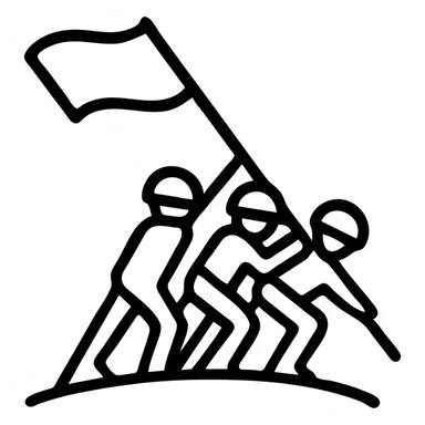 three soldiers pushing a flagpole inspired by the Raising the Flag on Iwo Jima photo, cartoon style, bold lines, simplified forms, no text sticker