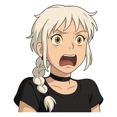 shocked young female with gold yellow eyes, white hair, long braid, punk gothic style, expressive face, black choker sticker