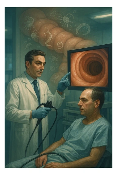 A medical cinematic illustration showing a patient undergoing a colonoscopy in a modern clinical setting. On the monitor, the endoscopic camera shows smooth, healthy-looking intestinal mucosa — clean and without evidentiary signs. But layered symbolically in the background (or faded into the intestinal wall), tiny parasitic organisms like protozoa and helminths are subtly depicted hiding between folds, or embedded deeper in tissues, undetectable by the surface-only scope. The doctor gestures with confidence, while the patient remains unaware that the test might not reveal the true underlying infection. The scene has cool clinical lighting, shallow depth of field, and realistic anatomy, overlaid with symbolic, almost ghost-like imagery of parasites in italiano sticker