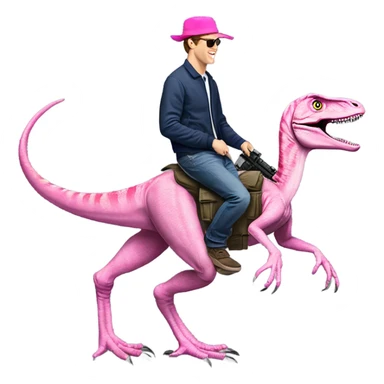 Mark zuckerburg riding a velociraptor with a machine gun with a pink hat that says “gay rights” sticker