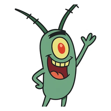 Plankton from Spongebob, waving, happy, green, one eye, cartoon style sticker