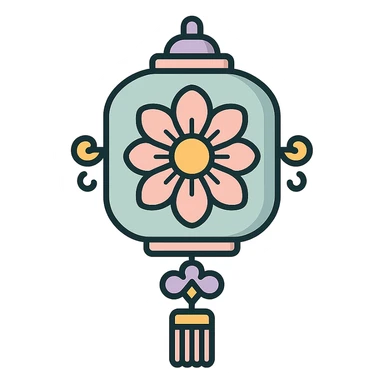 elegant Chinese lantern with large flower and decorative elements, detailed shadow, thin clean outlines, soft rounded shapes, pastel palette #98B5BC, #B5B3C1, #C9A3C9, #E4C0CA, #F7DCD1, #F7C0AA, modern Japanese pop-art and sticker aesthetic, high detail, vector clarity, soft lighting, transparent background sticker