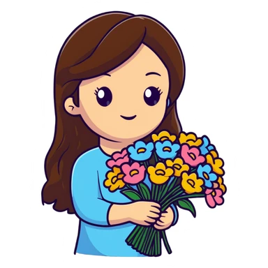 Cool girl with long brown hair holding a bouquet of flowers sticker
