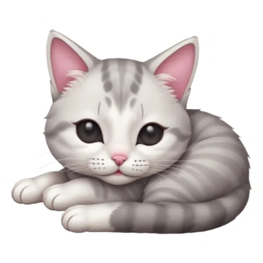 grey and white small cat with its eyes closed lying down with his head leaning on his paw sticker