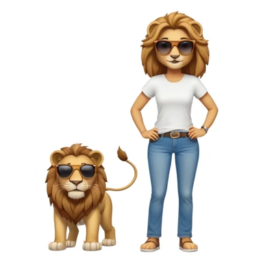 friendly anthropomorphised female lion character, full body, standing confidently with legs shoulder width apart and hands on hips, wearing jeans, a white t-shirt, and dark sunglasses, with a confident smile sticker