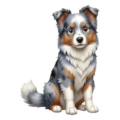 cinematic-[australian shepherd dog]-realistic-full-body-sitting-emoji,-tail-resting-loosely-beside-its-paws,-head-tilted-dramatically,-scruffy-[blue merle]-fur,-simplified-yet-realistic-focused-features,-highly-detailed,-glowing-with-an-almost-sarcastic-glow sticker