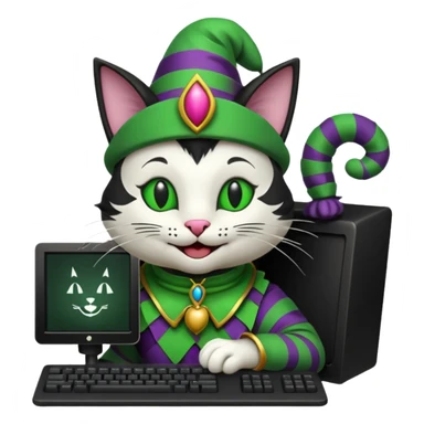 mac os icon code computer retro terminal, black, green white, fantasy court jester cat draw as ASCII code inside the terminal sticker