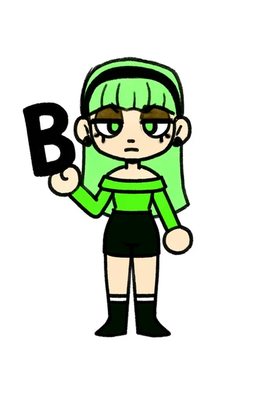 Add a bold black letter B in the character's right hand, keeping the original style and pose intact. Only add the letter, do not change anything else. sticker