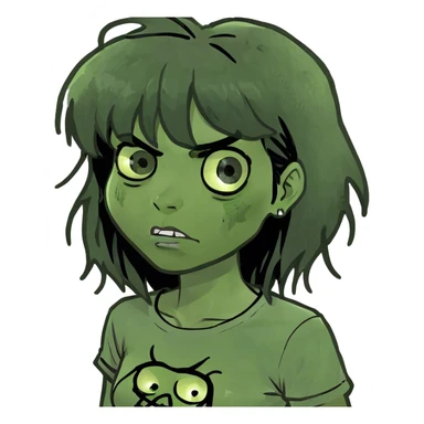 zombie girl with big black hair and bangs and greenish skin  sticker
