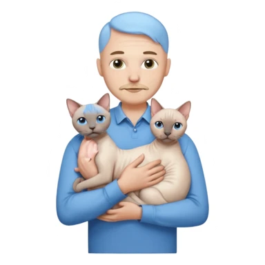 A couple a man and a woman. The man  is bald with a tiny beard and wearing a blue shirt, is holding a Siamese cat in his arms. The woman, who has light hair and is wearing a white dress, is holding a white Sphynx cat in her arms sticker