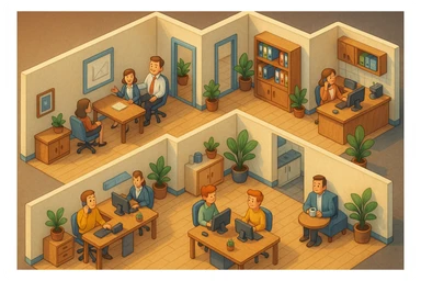 В слегка рисованном, но при этом ярком и объемном стиле - четкую, изометрическую 3D-сцену в мультяшном стиле с видом сверху под углом 45°, изображающую офис кабинетами, open space и другими характерными местами. В офисе работают люди - кто-то говорит по телефону, работает за компьютером, другие пьют кофе, сидят на общем собрании, переговори. Используйте мягкие, изысканные текстуры с реалистичными PBR-материалами и мягким, реалистичным освещением и тенями, не обрезать картинку краями кадра sticker