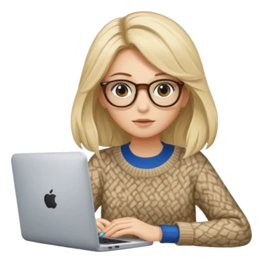 ragazza bionda con capelli lunghi, con occhiali tartarugati, occhi azzurri, con maglione beige, seduti alla scrivania che lavora al pc sticker