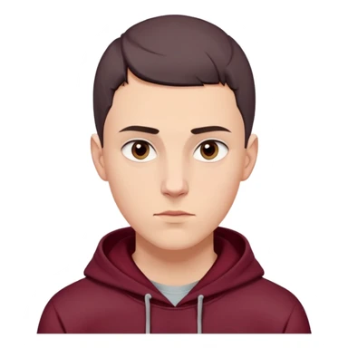 young white European male with short buzzcut dark hair, smooth clear skin, wearing a maroon hoodie with the hood up, oval-shaped face, defined jawline, high cheekbones, symmetrical features, sharp focused eyes, straight prominent eyebrows, calm neutral expression sticker