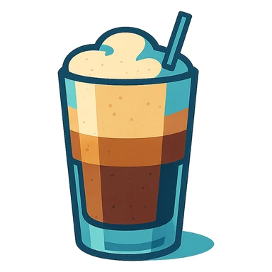 stylized illustration of greek freddo espresso in tall glass with visible layers of coffee and foam, cool tones sticker