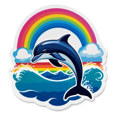 Ocean with rainbow and dolphin jumping sticker