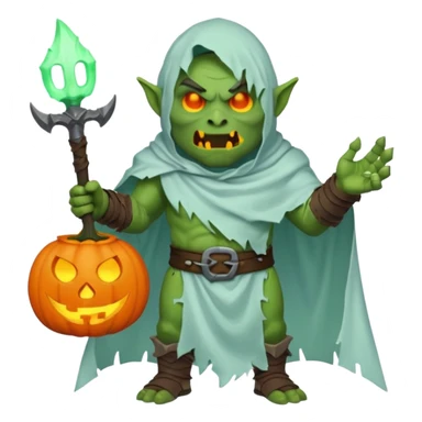 male orc warrior ghost emoji, green skin, tusks, wearing torn white ghost sheet costume, holding glowing jack-o'-lantern, faint blue aura, friendly but spooky expression, Halloween fantasy theme, Apple emoji style, clean white background, square sticker