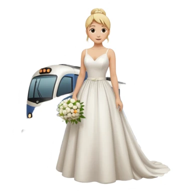 Chica blanca, cabello rubio, recogido en moño alto con mechones, vestido novia , cuerpo entero, ramo de flores en una mano, cola trasera sticker