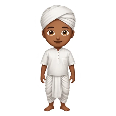 cartoon Samsung-style emoji of a Tamil boy wearing traditional attire: white veshti dhoti, shirt, colorful angavastram, cheerful expression sticker