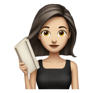 Beautiful skinny white woman long dark brown hair in dark dress with book sticker